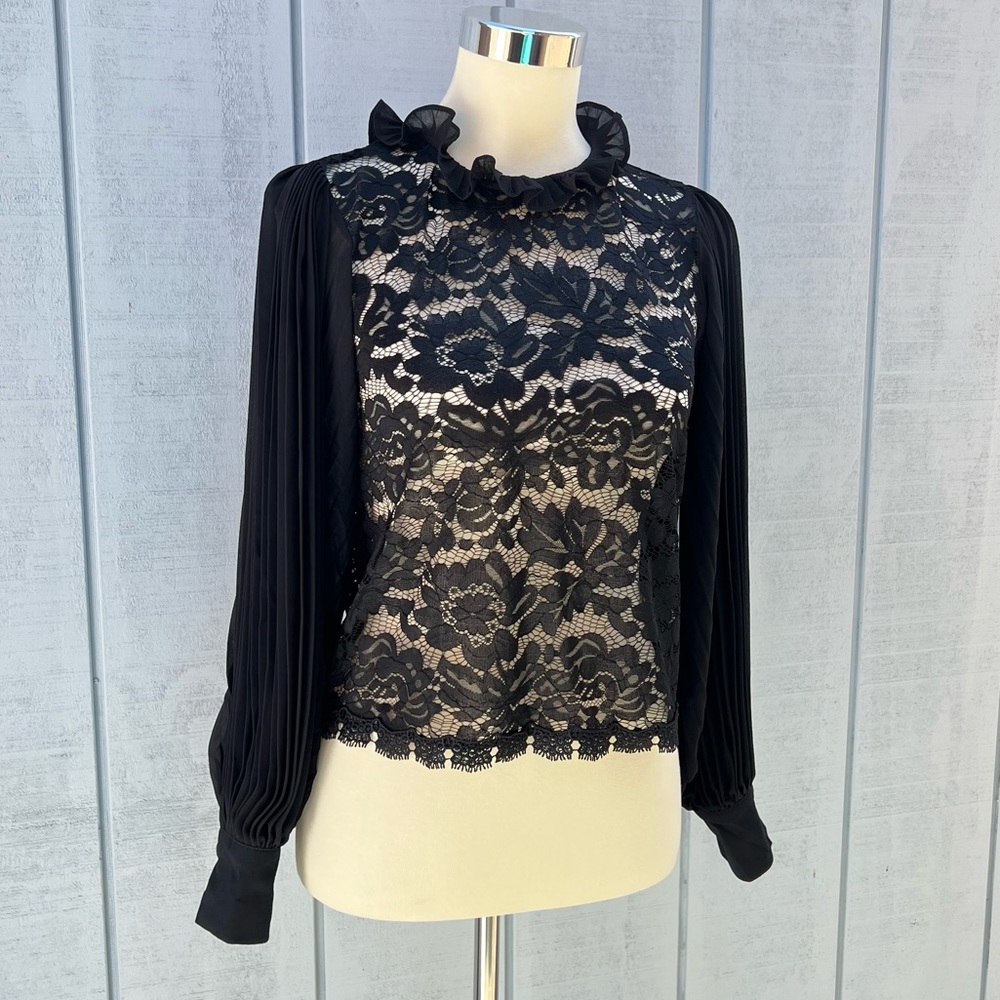 Story On Pleated Sleeve Lace Blouse Top Sheer Black See-Through - Picture 2 of 11